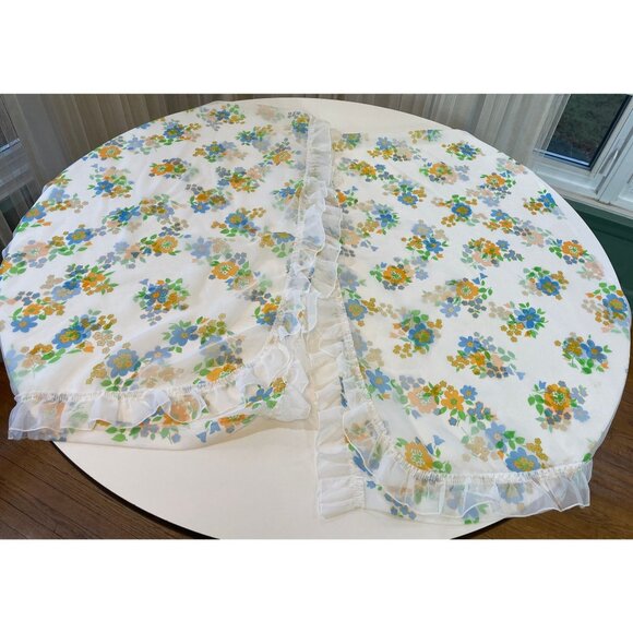 Vintage 80s curtains, white, orange, blue, green floral ruffled, pair of panels - Picture 6 of 9